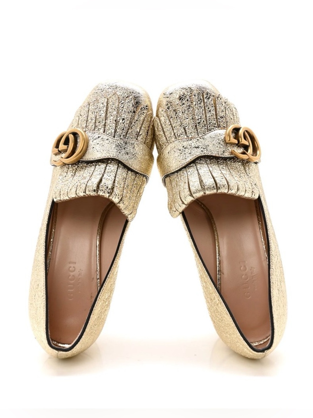 🆕 Gucci Galassia GG Platino Marmont Metallic Gold Block Loafers 37.5/7.5✨ - Picture 2 of 14